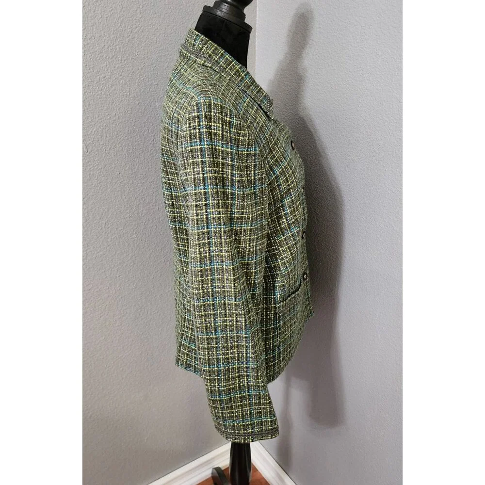 JM‎ Collection Womens Tweed Button-Up Blazer Size 12 Green Blue Pockets Lined
